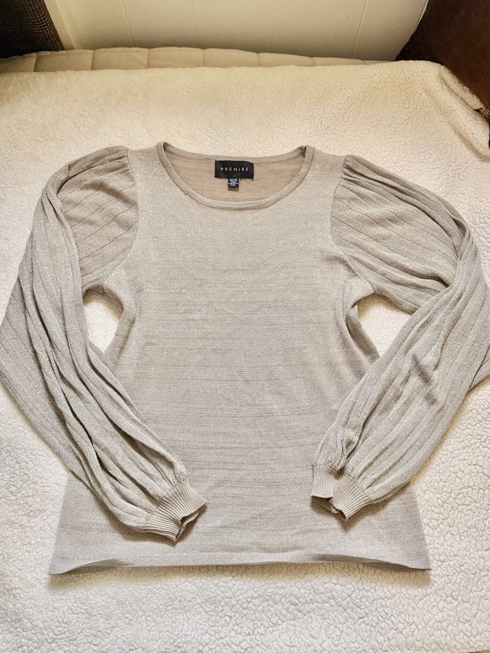 Premise sparkling Long-Sleeve Cream Ribbed ballon Puff-Sleeve Sweater